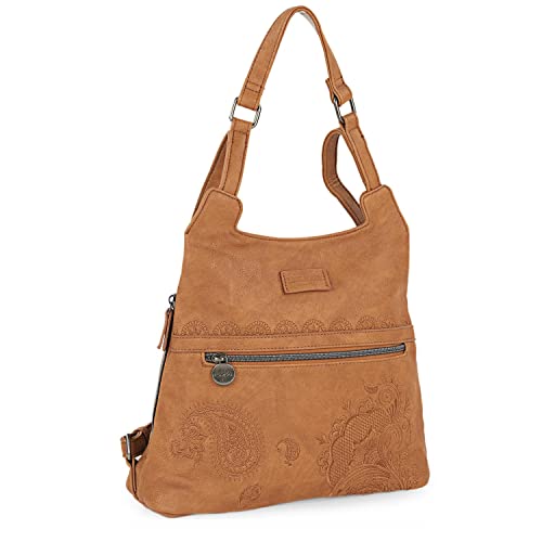 Lois - Bolso Mochila Mujer Casual Antirrobo Pequeña con Estampado Bordado. Bolso Piel PU Impermeable y Bordada. Cómoda y Ligera. De Marca LOIS Elegante, Moderna y Funcional 302677, Color Camel