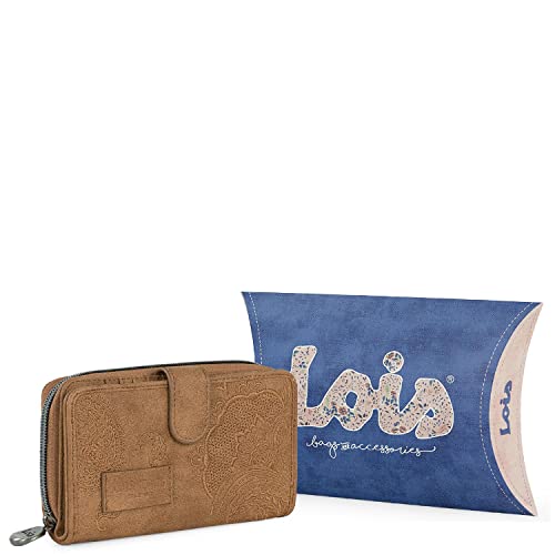 Lois - Cartera de Mujer Bordado Paisley. Billetero Monedero y Tarjetero. Gran Capacidad Tarjetas documentación y Billetes. Piel sintética. 302616, Color Camel