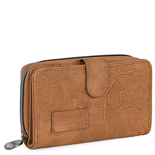 Lois - Cartera de Mujer Bordado Paisley. Billetero Monedero y Tarjetero. Gran Capacidad Tarjetas documentación y Billetes. Piel sintética. 302616, Color Camel