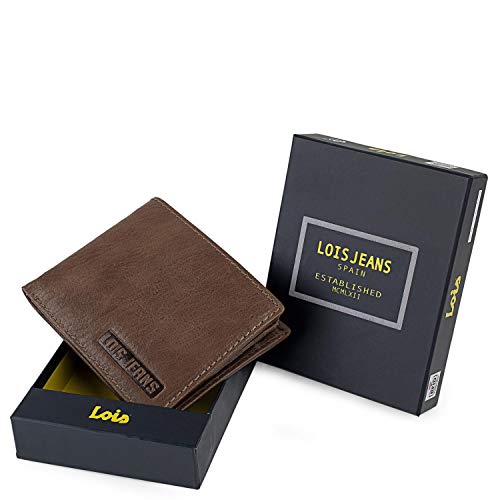 Lois - Cartera Hombre Piel Geuina Cuero Pequeña con Monedero de Marca LOIS. Billetero Tarjetero de Cuero. Porta Monedas. Tarjetas Documentos Billetes DNI carnet. Bloqueo Antiescaneo de Segu, Color Tan
