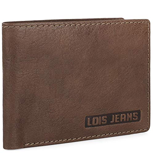 Lois - Cartera Hombre Piel Geuina Cuero Pequeña con Monedero de Marca LOIS. Billetero Tarjetero de Cuero. Porta Monedas. Tarjetas Documentos Billetes DNI carnet. Bloqueo Antiescaneo de Segu, Color Tan