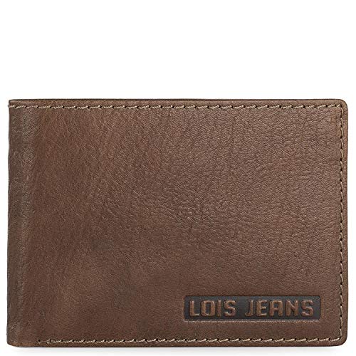 Lois - Cartera Hombre Piel Geuina Cuero Pequeña con Monedero de Marca LOIS. Billetero Tarjetero de Cuero. Porta Monedas. Tarjetas Documentos Billetes DNI carnet. Bloqueo Antiescaneo de Segu, Color Tan