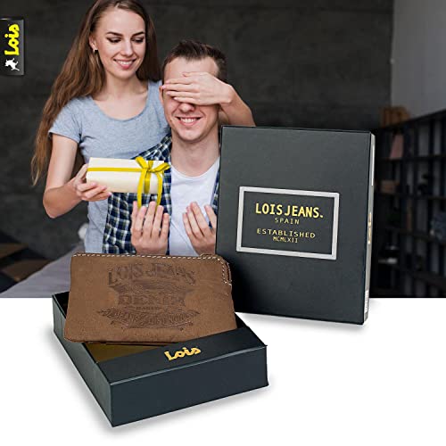 Lois - Monedero Hombre de Cuero Piel Genuina Pequeño de Marca LOIS. Llavero de Piel. Monedas Llaves Billetes Tarjetas DNI. Protección Seguridad Antiescaneo RFID 201702, Color Marron