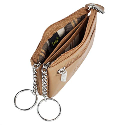 Lois - Monedero Mujer Piel Genuina Cuero con Cremallera Pequeño. Tarjetero, Llavero de Marca LOIS. Portamonedas, Llaves, Billetes, DNI. Protección Antiescaneo RFID 202059, Color Camel