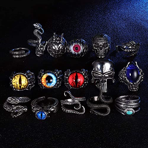 LOLIAS 16 Piezas Anillos Punk Vintage para Hombre Mujeres Anillos Gótico Dragón Negro Garra de Serpiente Calavera Pulpo Ojos del Infierno Anillos Ajustables Abiertos Conjunto de Joyería