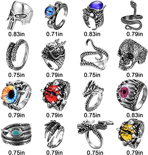 LOLIAS 16 Piezas Anillos Punk Vintage para Hombre Mujeres Anillos Gótico Dragón Negro Garra de Serpiente Calavera Pulpo Ojos del Infierno Anillos Ajustables Abiertos Conjunto de Joyería