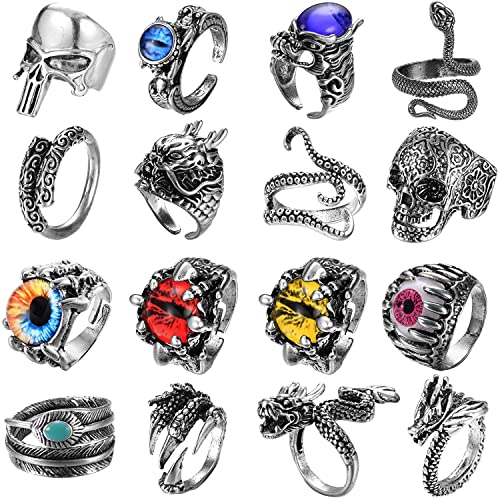 LOLIAS 16 Piezas Anillos Punk Vintage para Hombre Mujeres Anillos Gótico Dragón Negro Garra de Serpiente Calavera Pulpo Ojos del Infierno Anillos Ajustables Abiertos Conjunto de Joyería