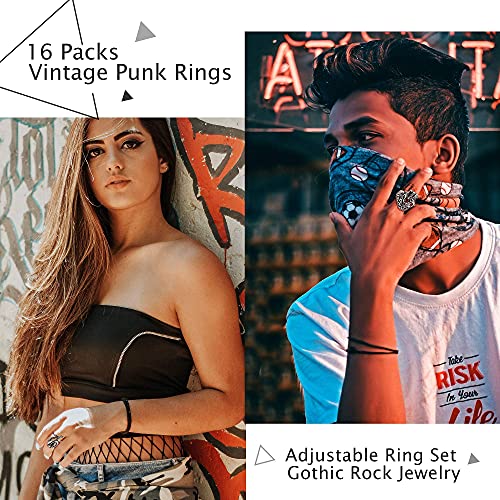 LOLIAS 16 Piezas Vintage Punk Anillos Set Octopus Frog Tiger Dragon Skull Snake Hug Punk Anillo para Hombres Mujeres Paquete de Anillos Abiertos Ajustables Cool Gothic Anillo Regalo de Joyería