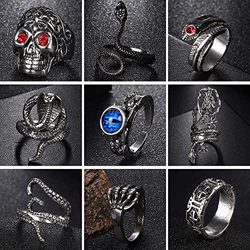 LOLIAS 16 Piezas Vintage Punk Anillos Set Octopus Frog Tiger Dragon Skull Snake Hug Punk Anillo para Hombres Mujeres Paquete de Anillos Abiertos Ajustables Cool Gothic Anillo Regalo de Joyería