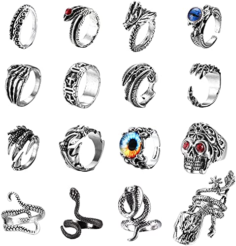LOLIAS 16 Piezas Vintage Punk Anillos Set Octopus Frog Tiger Dragon Skull Snake Hug Punk Anillo para Hombres Mujeres Paquete de Anillos Abiertos Ajustables Cool Gothic Anillo Regalo de Joyería