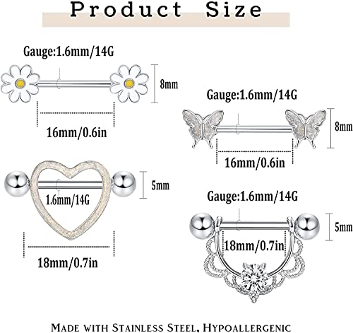 LOLIAS 4 Pares 14G Anillos de Pezón para Mujer 316L Acero Inoxidable Corazón CZ Flor Mariposa Barbell Nipplering Set Lindo Pezón Cuerpo Piercing Joyería