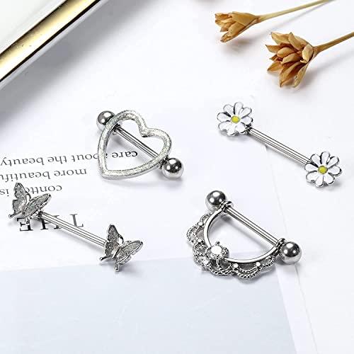 LOLIAS 4 Pares 14G Anillos de Pezón para Mujer 316L Acero Inoxidable Corazón CZ Flor Mariposa Barbell Nipplering Set Lindo Pezón Cuerpo Piercing Joyería