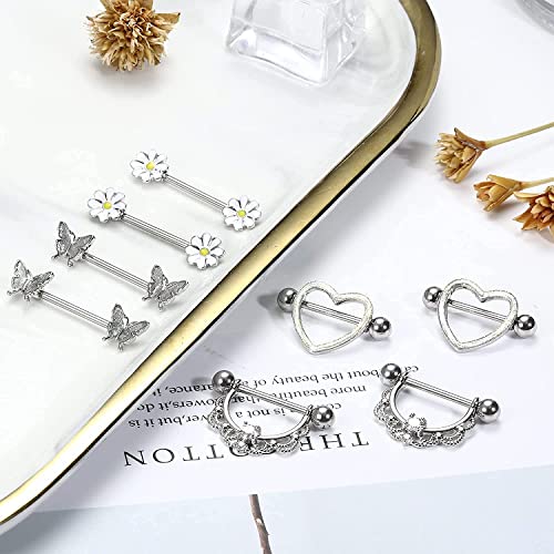 LOLIAS 4 Pares 14G Anillos de Pezón para Mujer 316L Acero Inoxidable Corazón CZ Flor Mariposa Barbell Nipplering Set Lindo Pezón Cuerpo Piercing Joyería