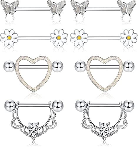 LOLIAS 4 Pares 14G Anillos de Pezón para Mujer 316L Acero Inoxidable Corazón CZ Flor Mariposa Barbell Nipplering Set Lindo Pezón Cuerpo Piercing Joyería