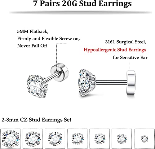 LOLIAS 7 Pares 20G Aretes Hipoalergénicos Para Mujeres Y Hombres Aretes Planos de Acero Inoxidable Aretes de Circonita Cúbica Piercing Aretes de Cartílago de la Oreja