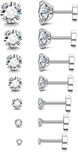 LOLIAS 7 Pares 20G Aretes Hipoalergénicos Para Mujeres Y Hombres Aretes Planos de Acero Inoxidable Aretes de Circonita Cúbica Piercing Aretes de Cartílago de la Oreja