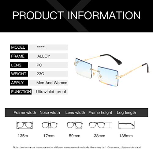 Long Keeper Gafas de sol rectangulares sin montura UV400 Gafas cuadradas sin marco de moda antideslumbrante para mujer (Azul degradado dorado)
