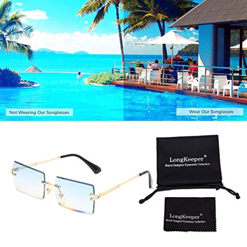 Long Keeper Gafas de sol rectangulares sin montura UV400 Gafas cuadradas sin marco de moda antideslumbrante para mujer (Azul degradado dorado)