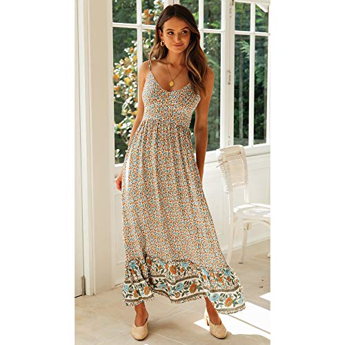 Longwu Vestido Maxi de Verano con Cuello en V Floral Sexy Boho de Las Mujeres Correa de Espagueti Ajustable sin Respaldo Cintura elástica Vestido de Verano Beige-XL
