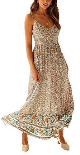 Longwu Vestido Maxi de Verano con Cuello en V Floral Sexy Boho de Las Mujeres Correa de Espagueti Ajustable sin Respaldo Cintura elástica Vestido de Verano Beige-XL