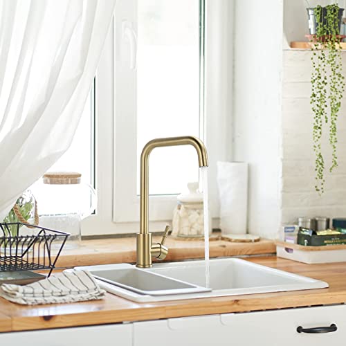 Lonheo Grifo Cocina Dorado Roca de Acero Inoxidable, Grifo para Fregadero Oro Moderno con Aireador Reomovible, Mezclador de Agua Caliente y Fría Giratorio Giratorio 360°