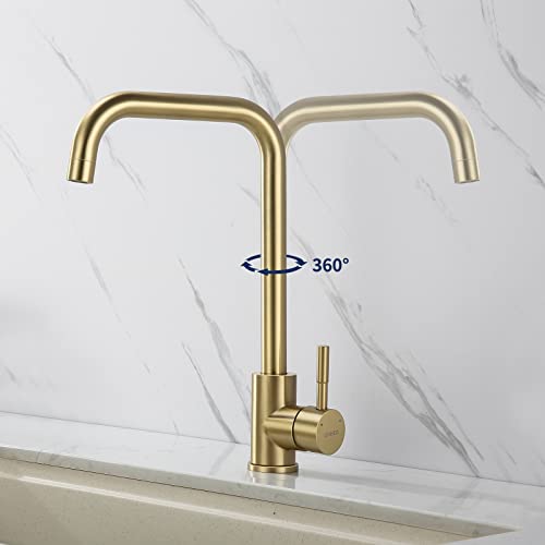 Lonheo Grifo Cocina Dorado Roca de Acero Inoxidable, Grifo para Fregadero Oro Moderno con Aireador Reomovible, Mezclador de Agua Caliente y Fría Giratorio Giratorio 360°