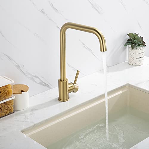 Lonheo Grifo Cocina Dorado Roca de Acero Inoxidable, Grifo para Fregadero Oro Moderno con Aireador Reomovible, Mezclador de Agua Caliente y Fría Giratorio Giratorio 360°