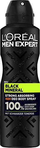 L'Oréal Men Expert Desodorante en spray absorbente para hombre, con arcilla negra, hasta 48 horas de frescura, Black Mineral, 6 unidades de 150 ml