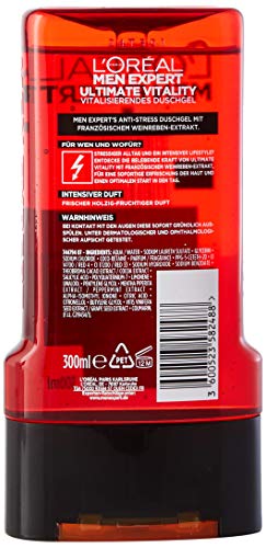 L'Oréal Men Expert Ultimate Vitality XL - Gel de ducha para hombre, extracto de vid, limpia y estimula la piel (cara, cuerpo y pelo) suavemente sin secarse, 300 ml, 1 unidad