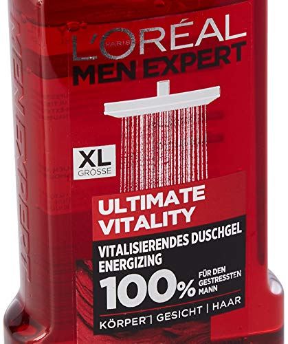L'Oréal Men Expert Ultimate Vitality XL - Gel de ducha para hombre, extracto de vid, limpia y estimula la piel (cara, cuerpo y pelo) suavemente sin secarse, 300 ml, 1 unidad