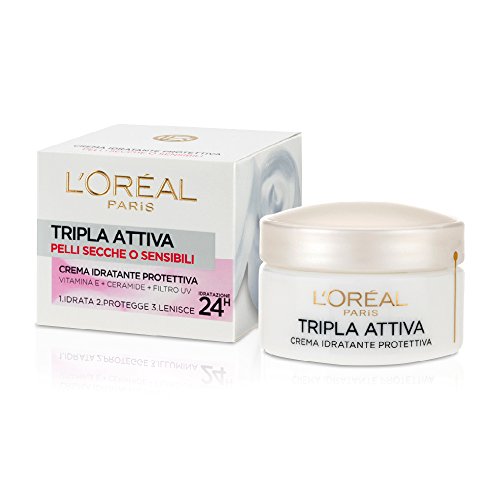 L'Oréal Paris Crema hidratante facial para pieles secas y sensibles, triple activa, hidratada, protege y calma, 50 ml, 1 unidad