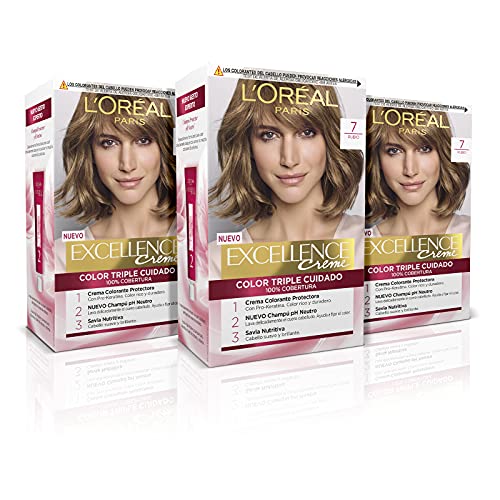 L'Oréal Paris Excellence Creme Tinte Permanente Triple Cuidado 00% Cobertura Canas Tono 7 Rubio - Pack 3 Es, Amarillo