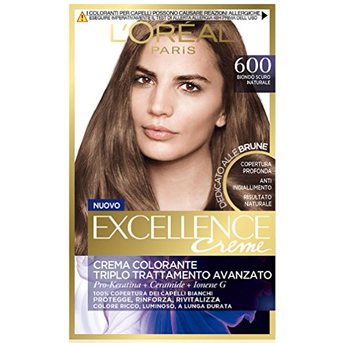 L'Oréal Paris Excellence - Tinte de pelo natural natural de color castaño, cobertura total del cabello blanco, 600 rubio oscuro natural, paquete de 1