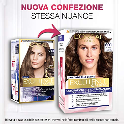 L'Oréal Paris Excellence - Tinte de pelo natural natural de color castaño, cobertura total del cabello blanco, 600 rubio oscuro natural, paquete de 1