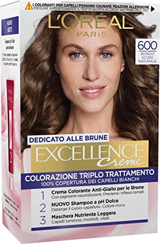 L'Oréal Paris Excellence - Tinte de pelo natural natural de color castaño, cobertura total del cabello blanco, 600 rubio oscuro natural, paquete de 1