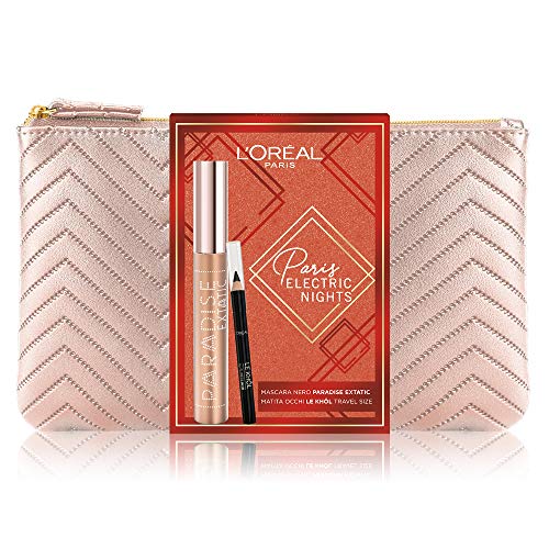 L'Oréal Paris Makeup - Estuche de regalo para mujer, máscara de volumen alargadora Paradise Extatic, color negro y lápiz de ojos Le Khol, tamaño de viaje