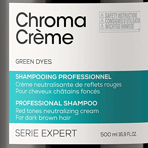 L’Oréal Professionnel | Champú neutralizante de tonos rojizos, Para cabello castaño oscuro o negro, Textura cremosa con pigmentos verdes, Chroma Crème, SERIE EXPERT, 500 ml