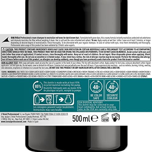 L’Oréal Professionnel | Champú neutralizante de tonos rojizos, Para cabello castaño oscuro o negro, Textura cremosa con pigmentos verdes, Chroma Crème, SERIE EXPERT, 500 ml