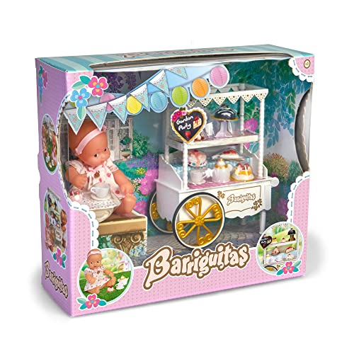 los Barriguitas - Carrito de Meriendas, Set de Juguete Infantil con muñeca pequeña bebé y un Carro de Estilo clásico Precioso, con Tartas de Juguete y Muchos Accesorios, +3 años, Famosa (700017019)