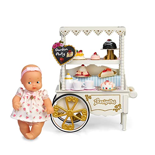 los Barriguitas - Carrito de Meriendas, Set de Juguete Infantil con muñeca pequeña bebé y un Carro de Estilo clásico Precioso, con Tartas de Juguete y Muchos Accesorios, +3 años, Famosa (700017019)