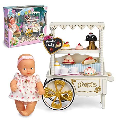 los Barriguitas - Carrito de Meriendas, Set de Juguete Infantil con muñeca pequeña bebé y un Carro de Estilo clásico Precioso, con Tartas de Juguete y Muchos Accesorios, +3 años, Famosa (700017019)