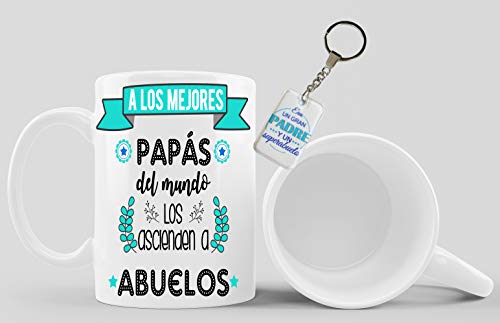 Los Eventos de la Tata. Taza y llavero del día del padre, regalo de cumpleaños, papás que se convierten en abuelos