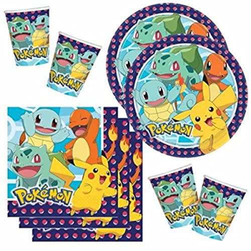 Lote de Cubiertos Infantiles"POKÉMO" (32 Vasos, 32 Platos, 32 Servilletas y 4 Velas) .Vajillas. Juguetes para Fiestas de Cumpleaños, Bodas, Bautizos y Comuniones. AB