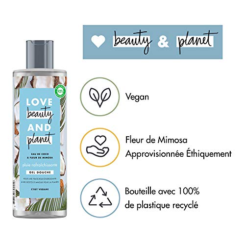 Love Beauty & Planet Gel Douche Femme Vegan Pluie Rafraîchissante, Eau de Coco et Fleur de Mimosa, Formule pour tous Types de Peaux Certifié Vegan 400ml