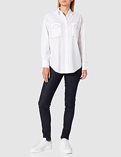 Love Moschino Camiseta de Manga Larga de popelín elástico con Bolsillos en el Pecho, Costuras Decorativas y corazón Personalizado. Camisa, Blanco óptico, 40 para Mujer