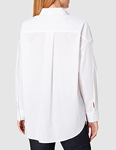 Love Moschino Camiseta de Manga Larga de popelín elástico con Bolsillos en el Pecho, Costuras Decorativas y corazón Personalizado. Camisa, Blanco óptico, 40 para Mujer
