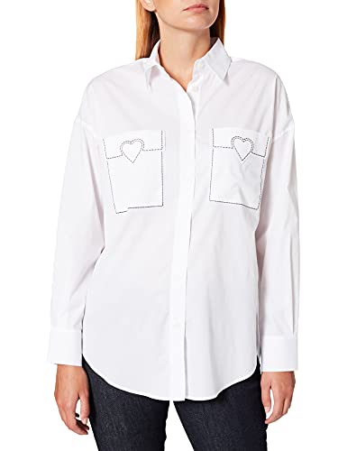 Love Moschino Camiseta de Manga Larga de popelín elástico con Bolsillos en el Pecho, Costuras Decorativas y corazón Personalizado. Camisa, Blanco óptico, 40 para Mujer