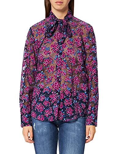 Love Moschino Regular fit Long Sleeved Shirt with All-Over devoré Flowers,Sash to Tie Around The Neck Camiseta, F.BLU/Fio.Viola, 46 para Mujer