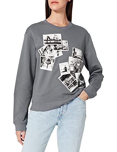 Love Moschino Round Neck Long Sleeved Sweatshirt in 100% Cotton fleecewith Romantic Black and White Photos Print Sudadera, Gris Oscuro, 46 para Mujer