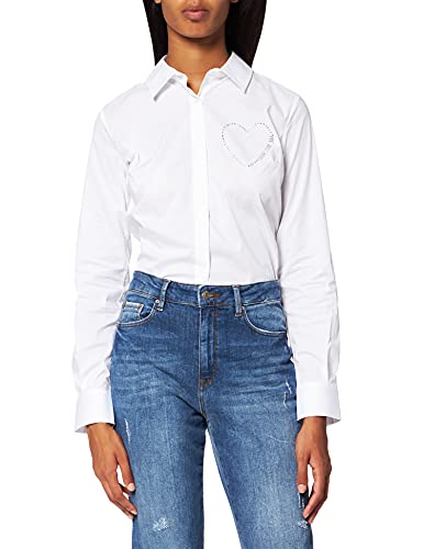Love Moschino Slim fit Long Sleeved Shirt in Stretch Poplin with Matching hue Rhinestone Heart Camisa, Blanco óptico, 40 para Mujer